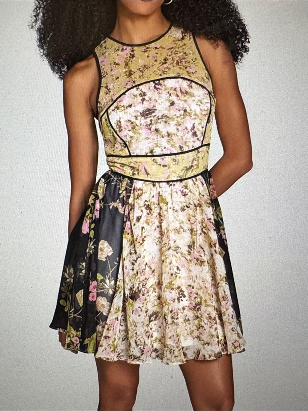 BCBG Floral Fit-and-Flare Mini Dress in Yellow and Black